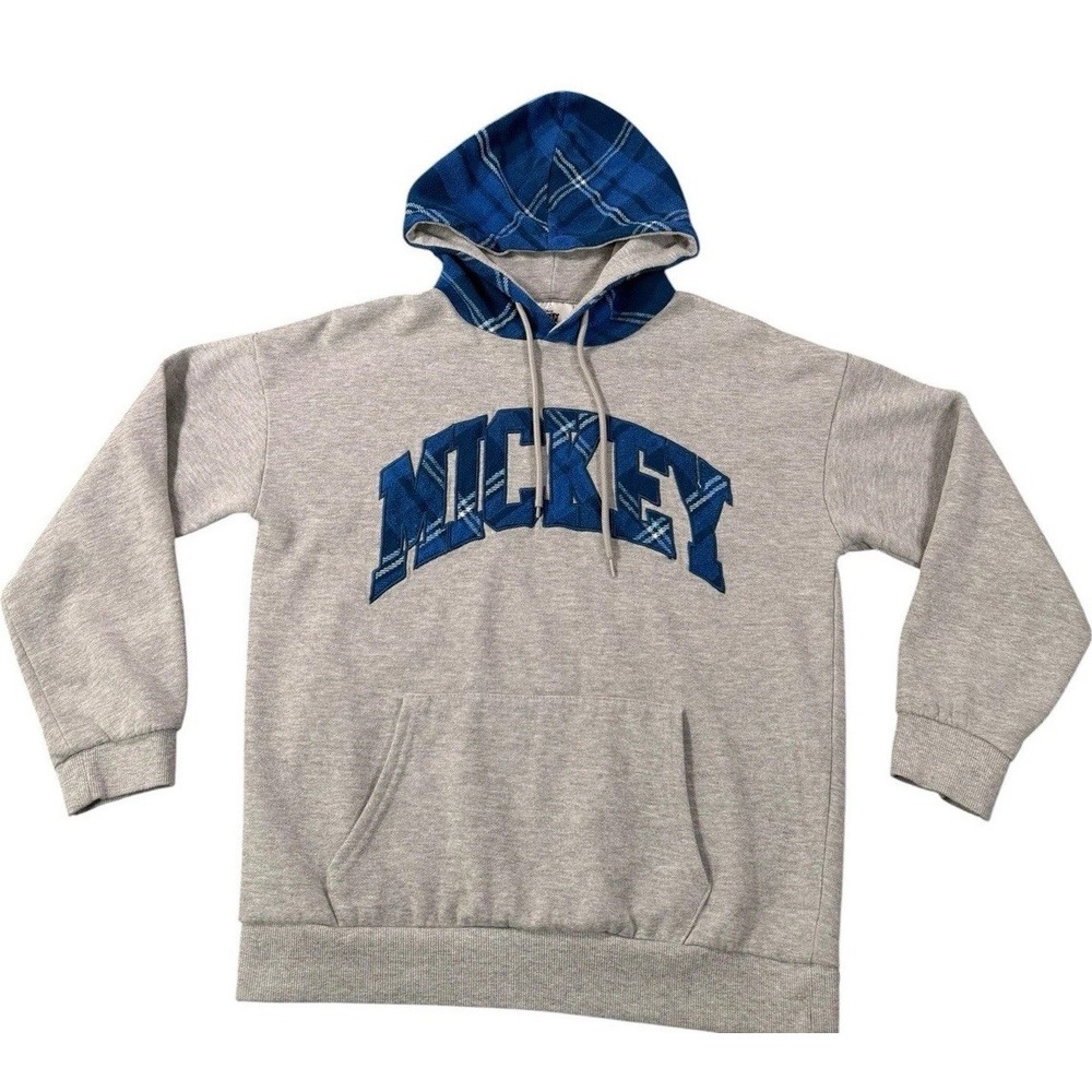 Disney Mickey Mouse Unisex XS Gray Blue Plaid 1928 Graphic Hoodie